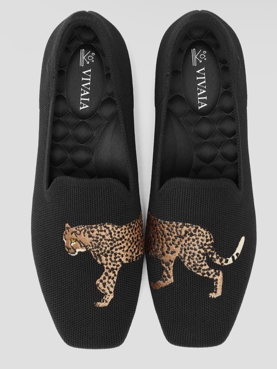 Vivaia Shoes - VIVAIA Samantha Square Black Knit Loafers w Leopard Embroidery Water Resistant